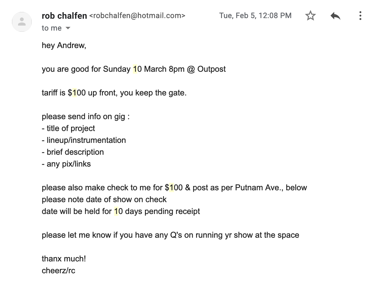robemail Rob's response to an email inquiry sent about available booking dates for Outpost (2019)